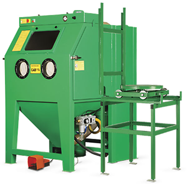 Contracor Pressure blast cabinet CAB-135PT, special model PT – turntable with cart and tracks and rubber curtains